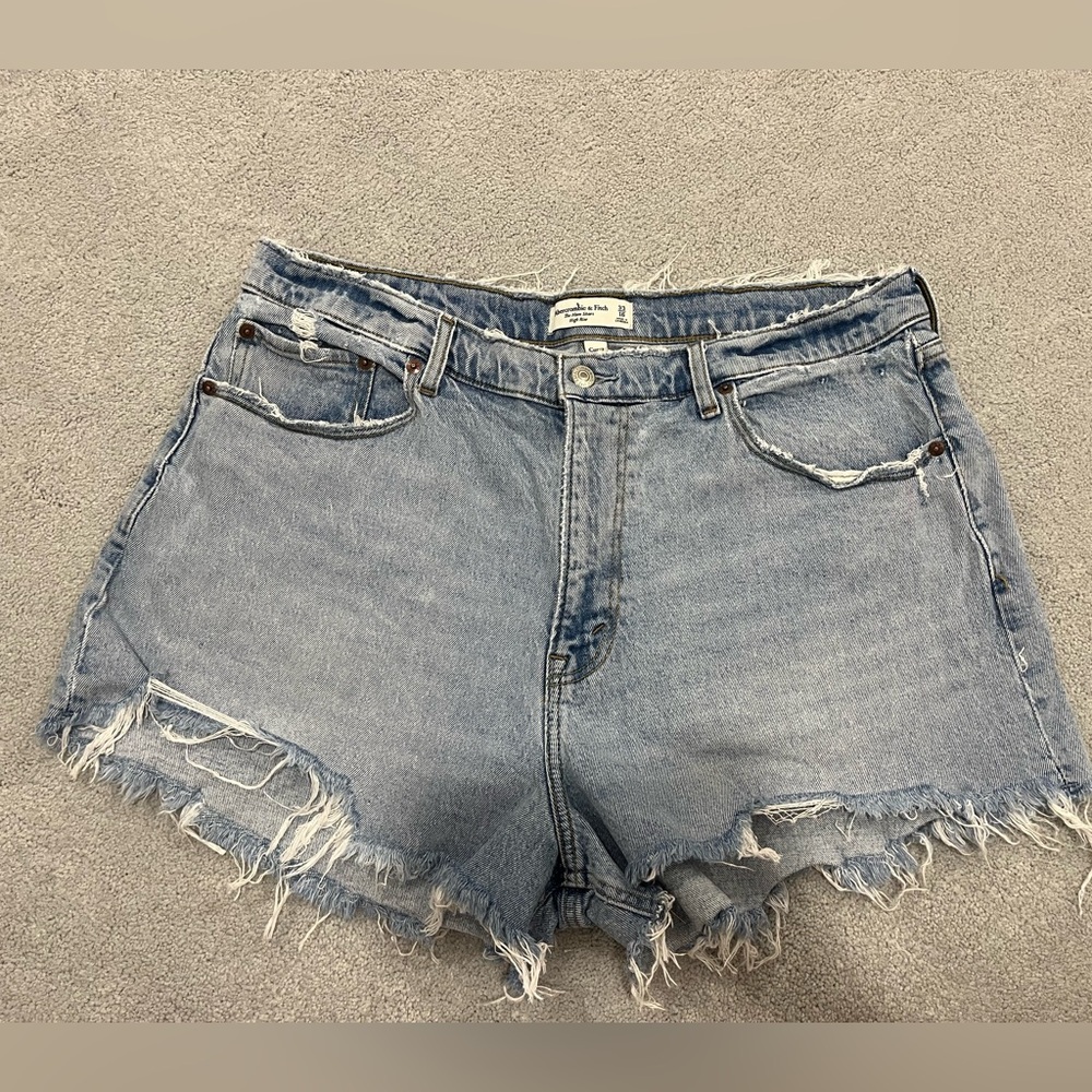 A&F curve love high waisted denim shorts with raw hem, size 33- lightly worn